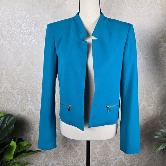 Calvin Klein Size 4 Turquoise Blazer Notched Lapel Gold Zipper Front Pockets - Picture 1 of 10
